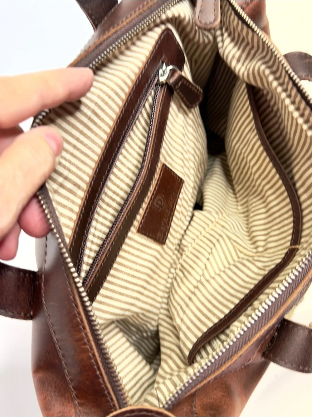 Western Look Convertible Brown Leather Tote with cross stitch Geo. Front Tote